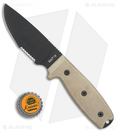 Ontario OKC RAT-3 Fixed Blade Knife Tan Micarta (3.6" Black Serr) 8666