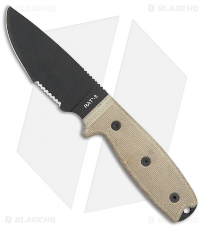 Ontario OKC RAT-3 Fixed Blade Knife Tan Micarta (3.6" Black Serr) 8666