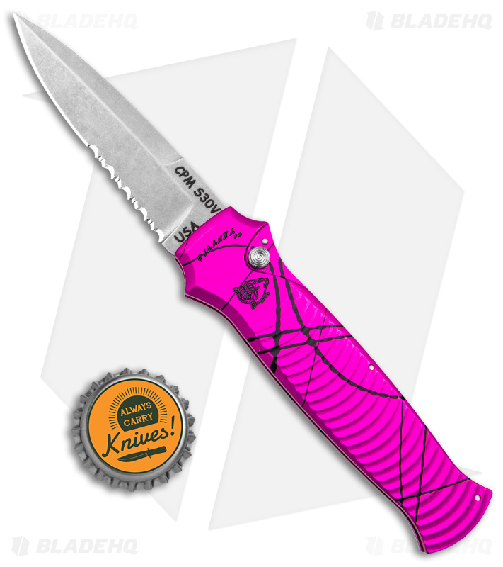 Piranha Bodyguard Automatic Knife Pink Aluminum (3.3" Serr Stonewash)