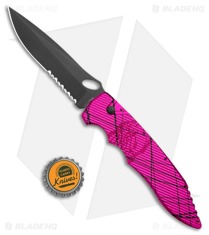 Piranha Predator Tactical Automatic Knife Pink (4.1" Black Serr)