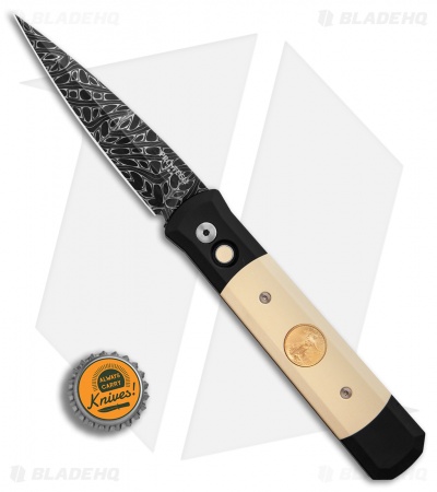 Pro-Tech Godfather Custom Tuxedo Automatic Micarta w/ Gold Inlay (4" Damascus) 
