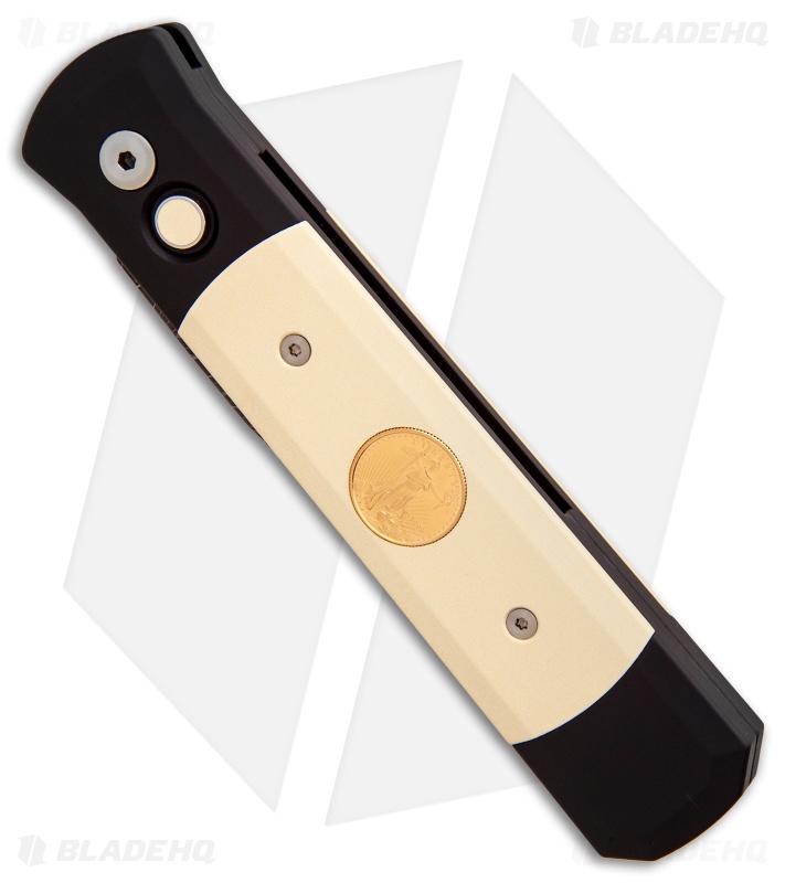Pro-Tech Godfather Custom Tuxedo Automatic Micarta w/ Gold Inlay (4" Damascus) 