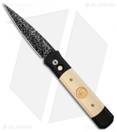 Pro-Tech Godfather Custom Tuxedo Automatic Micarta w/ Gold Inlay (4" Damascus) 
