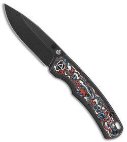 QSP Knife Puffin Frame Lock Knife Black Ti + Red/White/Blue CF (3.12" Black SW)