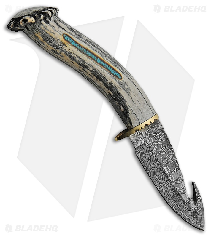 Rite Edge USA Deer Antler Guthook Fixed Blade (4.5" Damascus)
