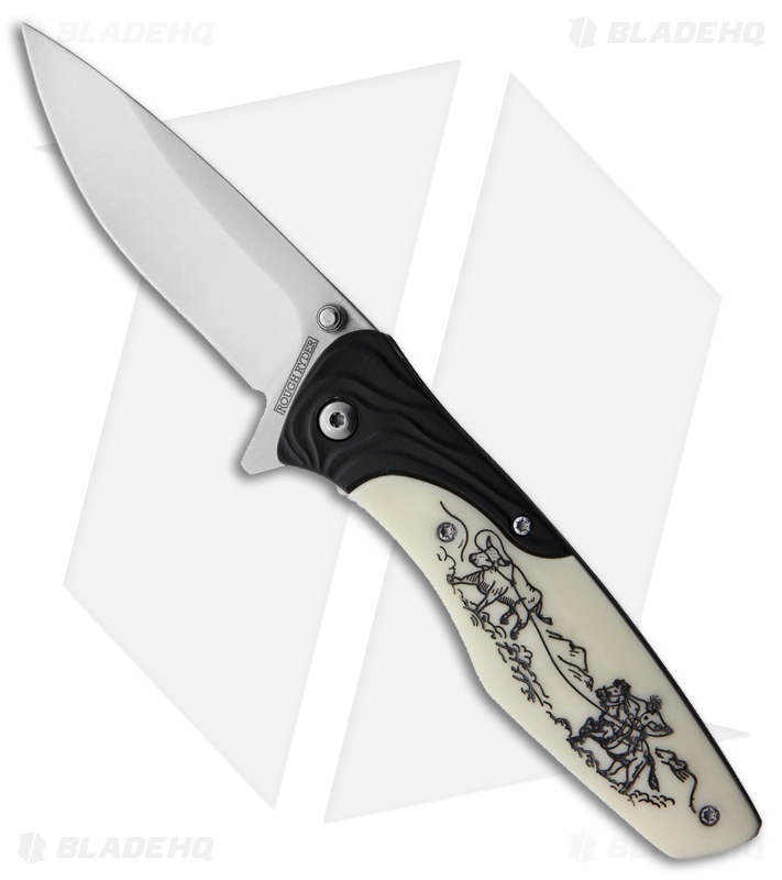 Rough Ryder Liner Lock Assisted Knife Cowboy Scrimshaw Bone