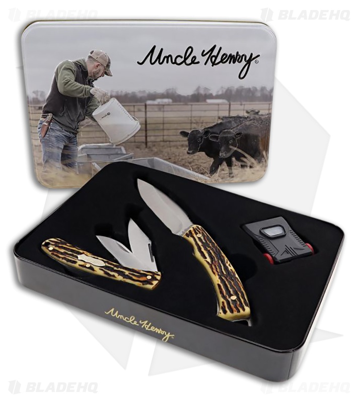 Schrade Uncle Henry Fixed and Folder Knife Set Staglon Handle Hat