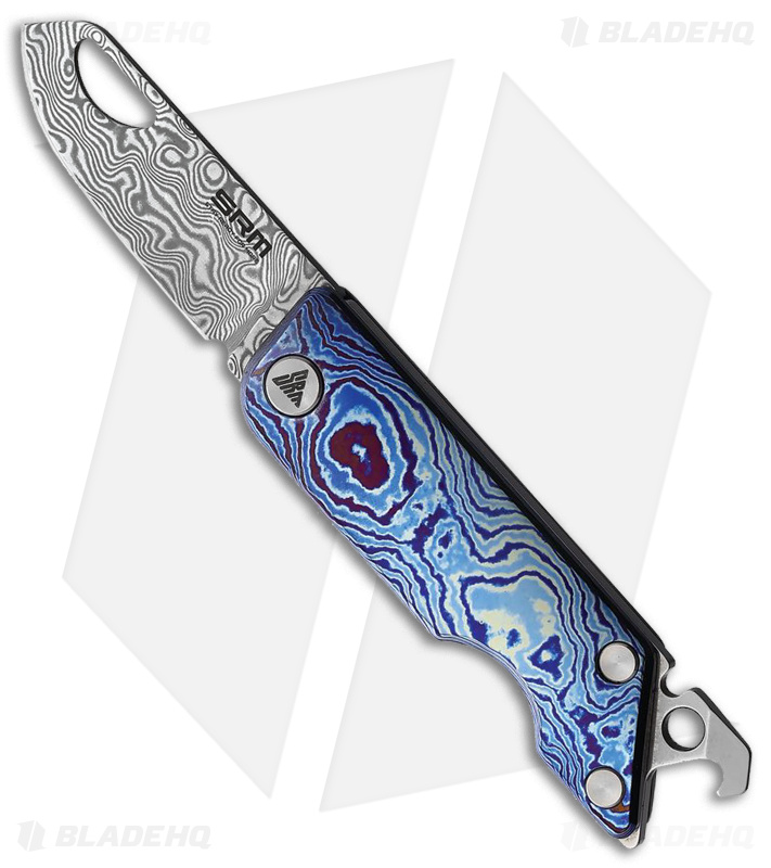 SRM Knives Multi-Function Slip Joint Knife Blue Damascus Ti (1.6" Damascus)