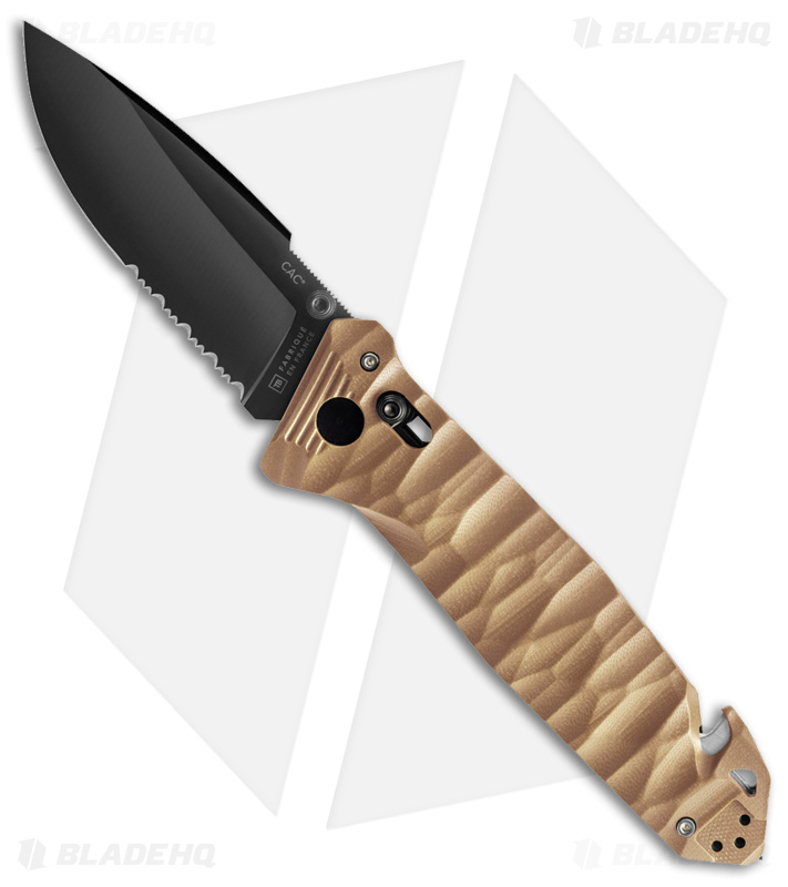 TB Outdoor CAC  Vengeur Bar Lock Knife Tan Polymer (3.7" Black Serr) 