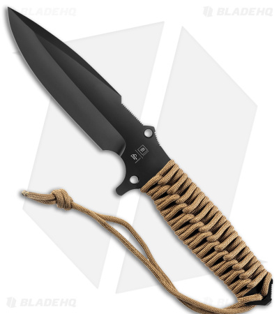 TB Outdoor Maraudeur Fixed Blade Knife w/Glass Breaker Tan Paracord (4.5" Black)