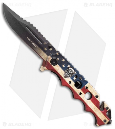 Tac-Force Spring Assisted Knife USA Flag/Skull (3.5" Black)