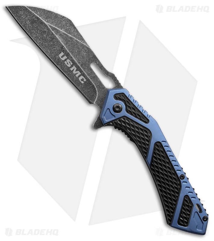 USMC Black and Blue Liner Lock Knife - Blade HQ