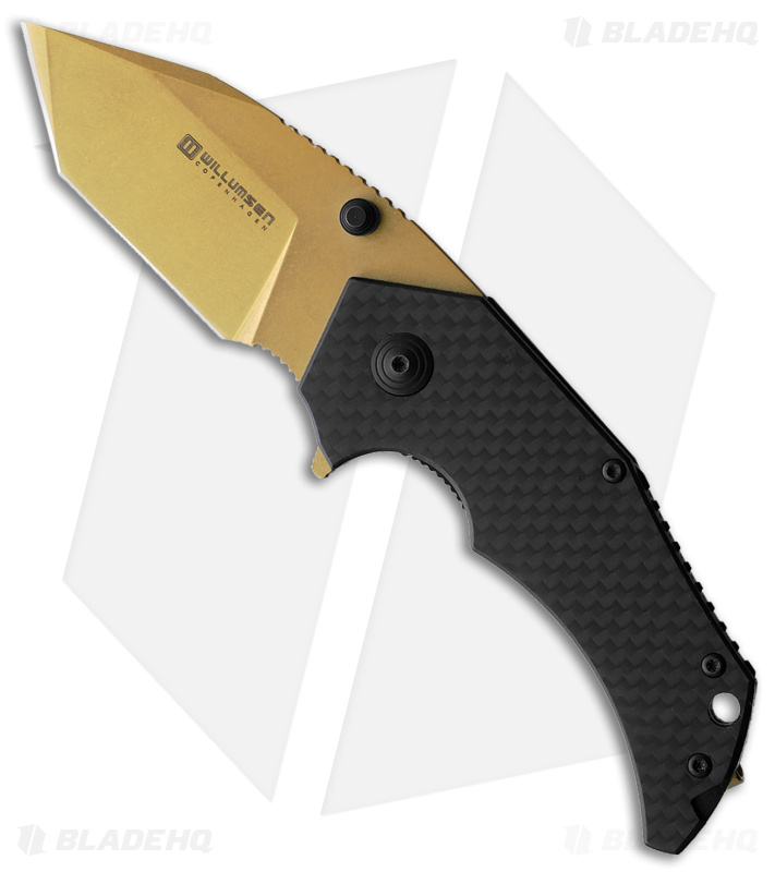 Willumsen Copenhagen Red E Cross Liner Lock Tanto Knife Carbon Fiber (2.7" Gold)