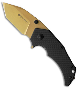 Willumsen Copenhagen Red E Cross Liner Lock Tanto Knife Carbon Fiber (2.7" Gold)