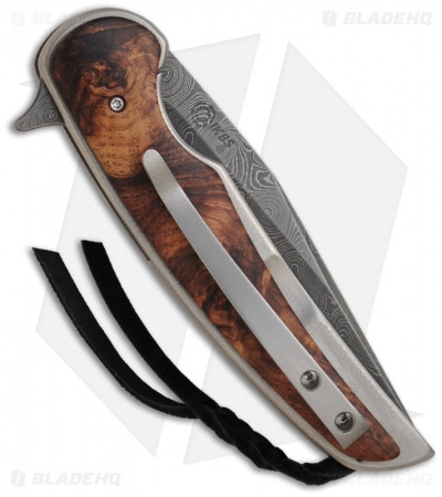Les Voorhies Custom Knives Model 11 Flipper Folding Knife w/Burl Wood (Damascus)