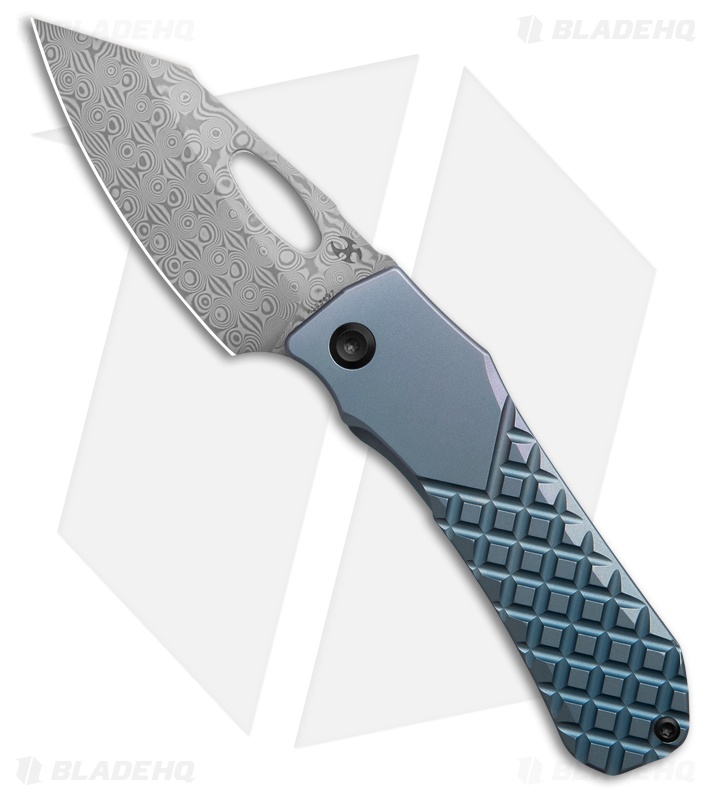 Kansept Knives Loki Frame Lock Knife Frag Blue Titanium (3" Damascus)