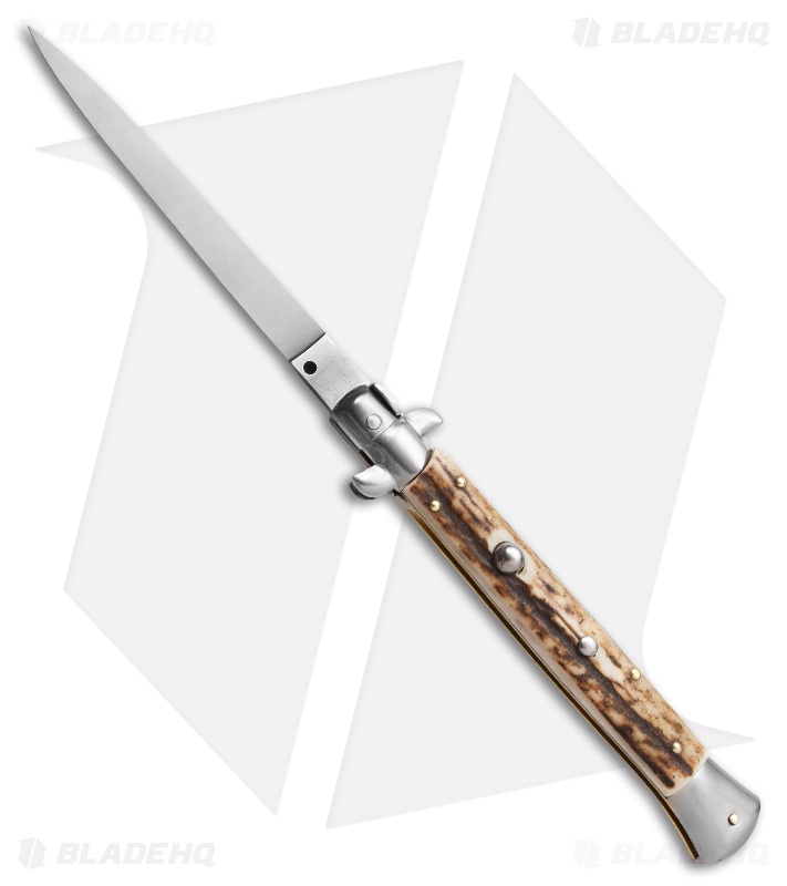 Frank B 11" Italian Stiletto Automatic Knife Stag Horn (5" Satin Flat) 