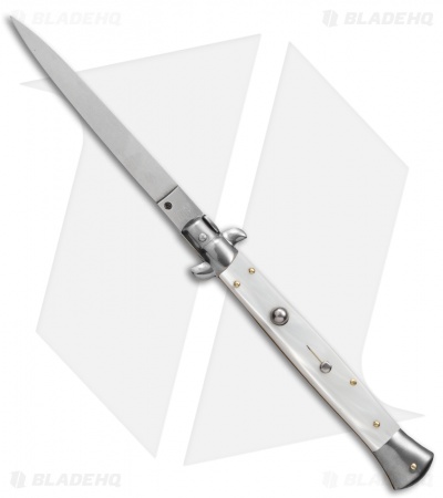 Frank B 11" Italian Stiletto Automatic Knife White Pearlex (5" Satin Flat) 