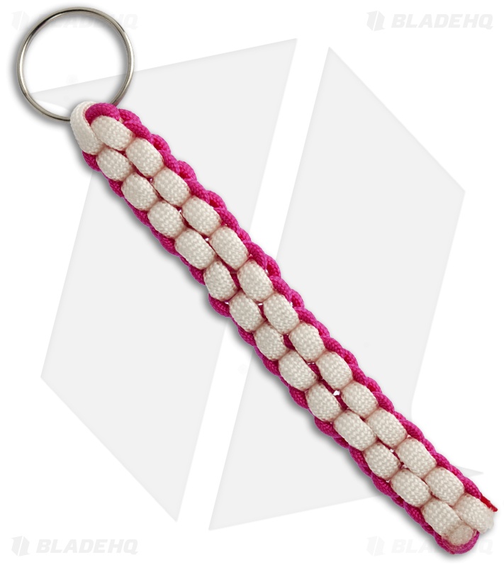 Hot Pink & White 550 Paracord Lanyard Keychain Boondoggle w/ Split Ring