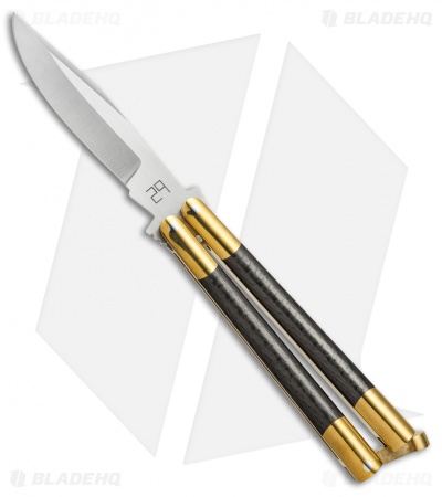 29 Knives Chris Olofson 4" Flat Clip Bowie Balisong Brass/CF Butterfly Knife