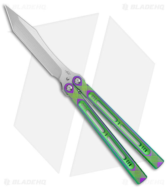 Heibel Knives Menace Balisong Knife Green/Purple Titanium (4.6" Satin) #085
