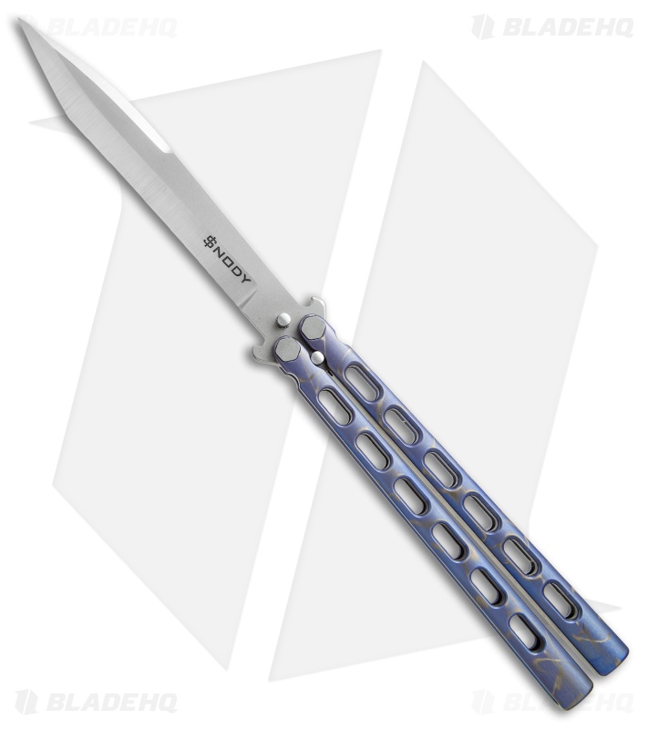 Snody Knives Highroller Tanto Balisong Butterfly Knife Blue Titanium (5" Satin)