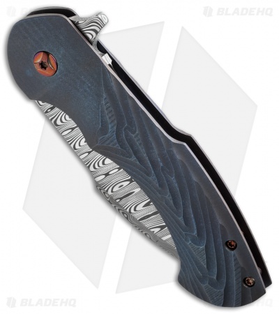 Rick Barrett Fallout Mid-Tech Flipper Knife Blue Titanium (3.5" Damascus)