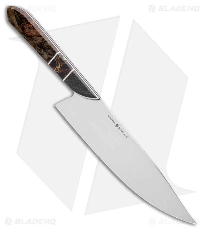 Begg Knives Mattia Borrani Chef's Knife Bowie Green Maple/Gold Recon (8")