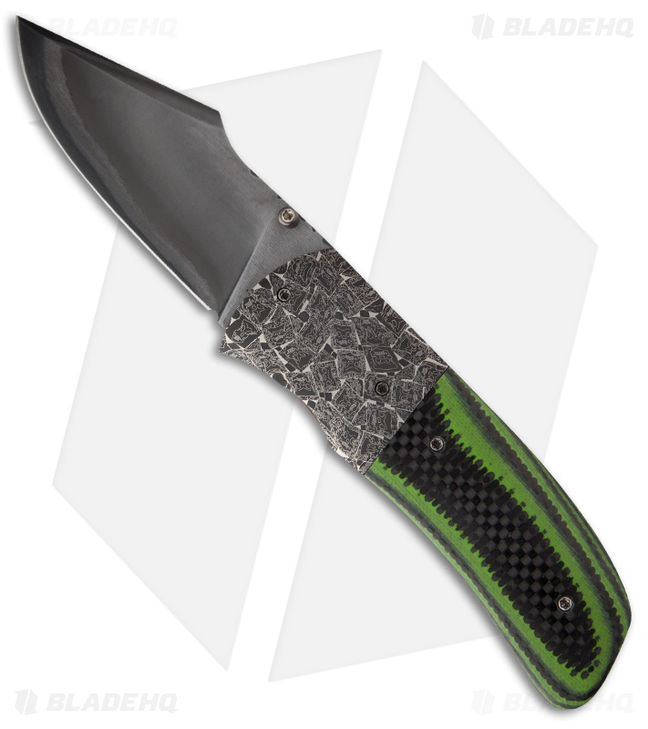 Burr Oak Knives Harpoon Knife Carbon Fiber/G-10 Folder (3.75" San Mai Damascus)