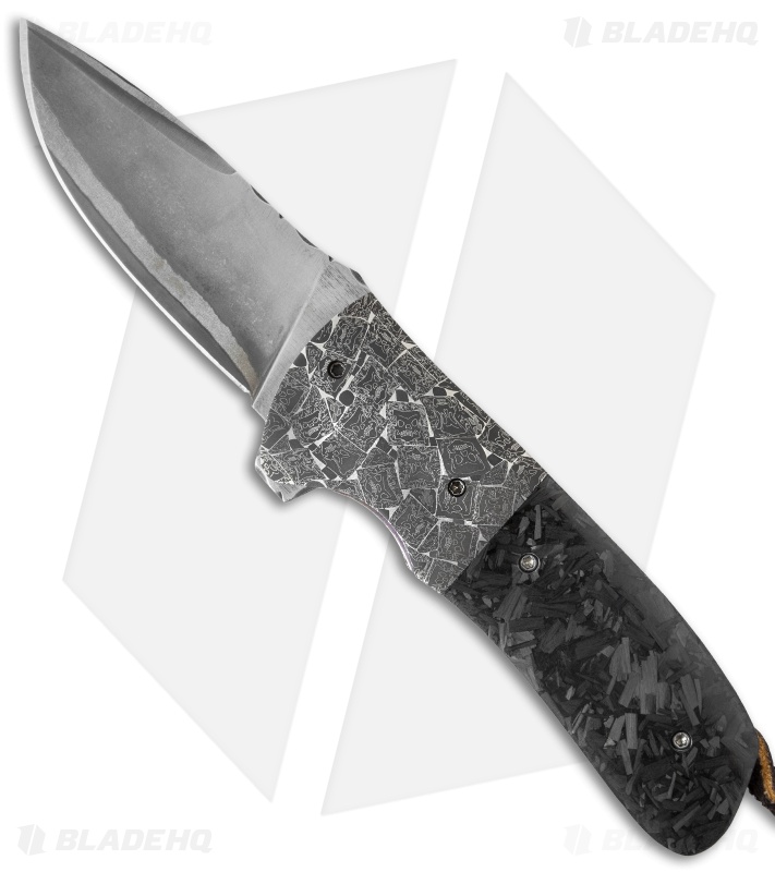 Burr Oak Knives Shard Flipper #1 Dress Knife Shred CF/Damascus (3.5" San Mai)
