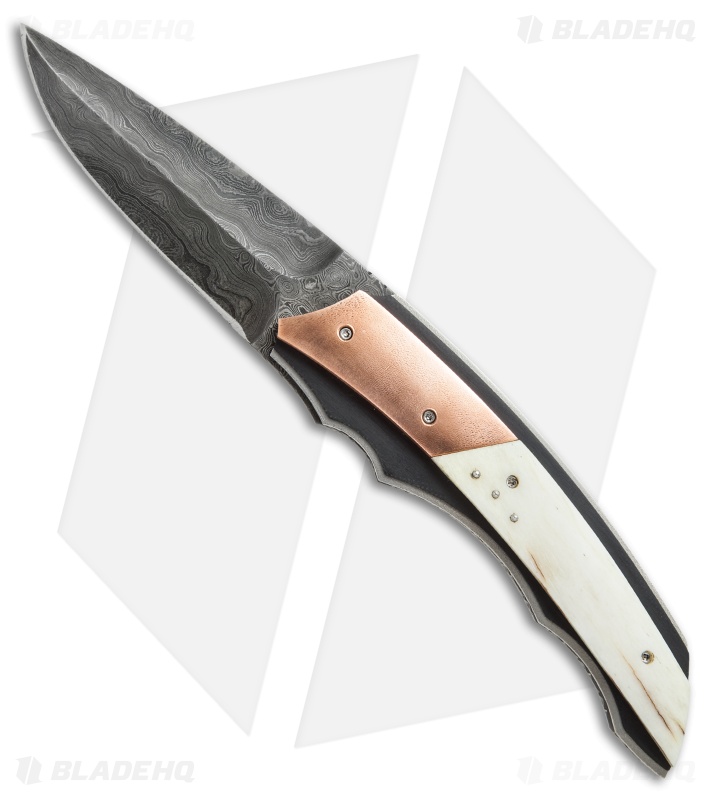 Corrie Schoeman X-Corpion Flipper Knife Giraffe Bone/Copper (3.25" Damascus)