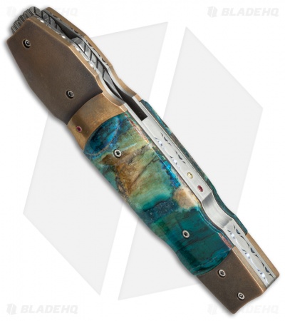 Corrie Schoeman X-Pose Flipper Knife Verdite/Bronze (3.375" Damascus)