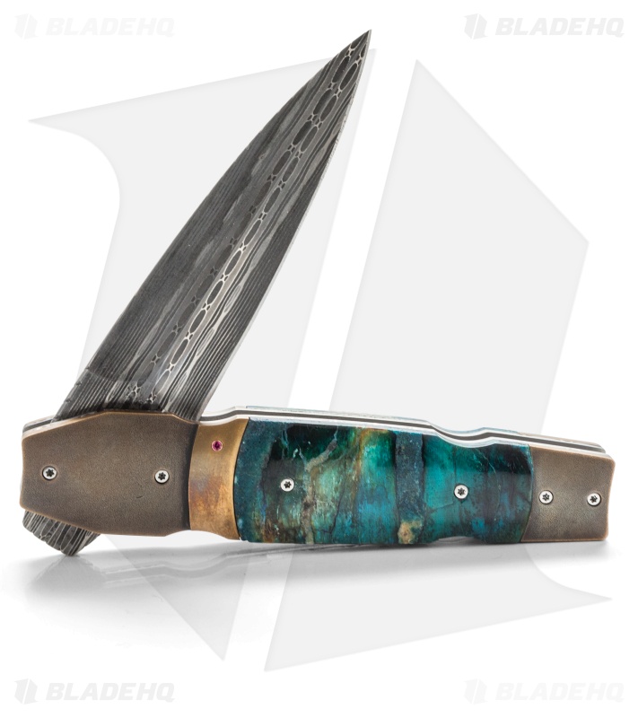 Corrie Schoeman X-Pose Flipper Knife Verdite/Bronze (3.375" Damascus)