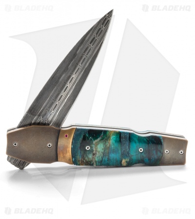 Corrie Schoeman X-Pose Flipper Knife Verdite/Bronze (3.375" Damascus)