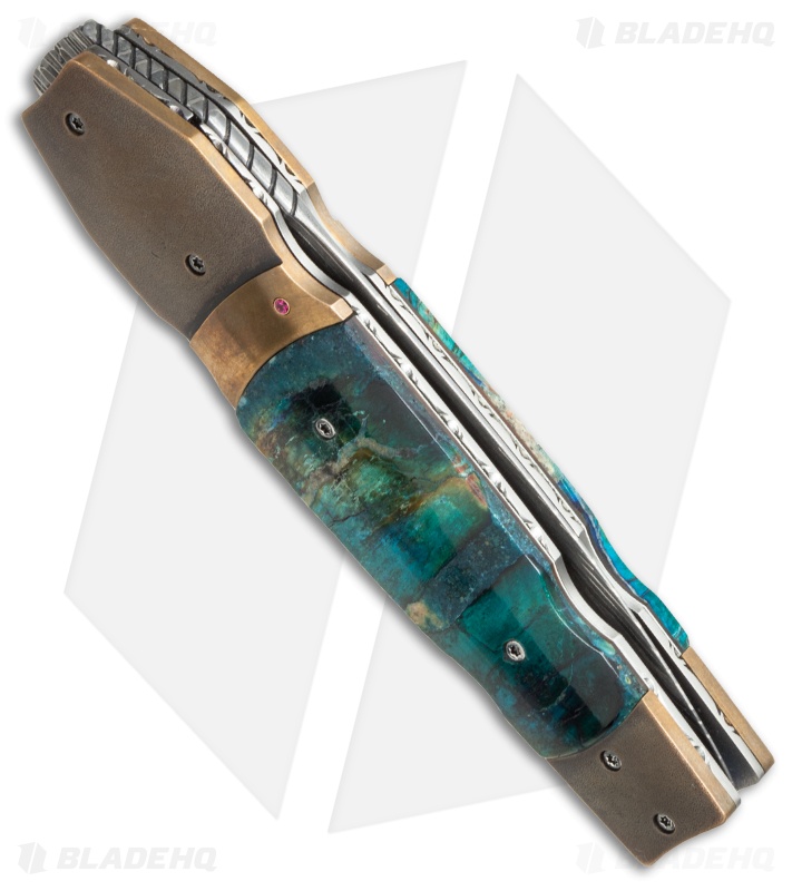 Corrie Schoeman X-Pose Flipper Knife Verdite/Bronze (3.375" Damascus)