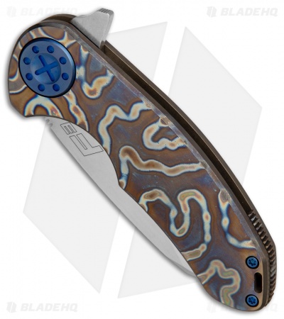 Curtiss Custom F3 Medium Wharncliffe Frame Lock Heat Ano Ti w/ Blue HW (3.1" SW)