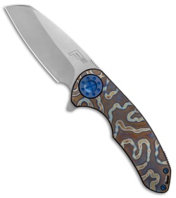 Curtiss Custom F3 Medium Wharncliffe Frame Lock Heat Ano Ti w/ Blue HW (3.1" SW)