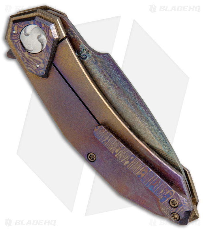 Glenn Waters Custom Botan Galaxy Flipper Knife Heat Colored Ti (3.125" Damascus)