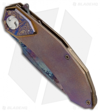 Glenn Waters Custom Botan Galaxy Flipper Knife Heat Colored Ti (3.125" Damascus)