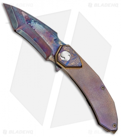 Glenn Waters Custom Botan Galaxy Flipper Knife Heat Colored Ti (3.125" Damascus)