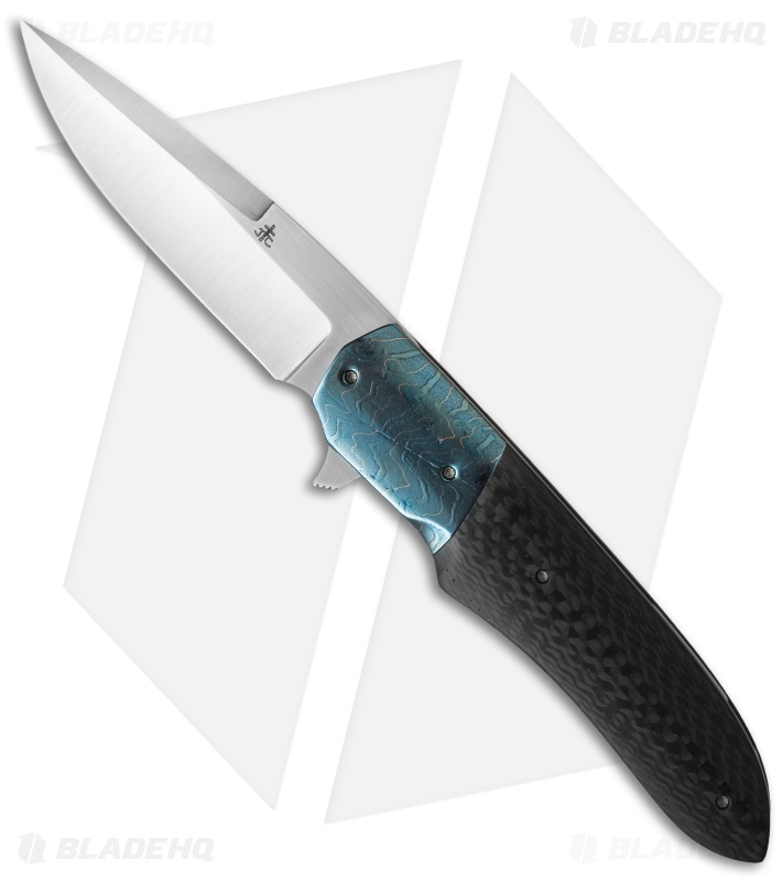 Jason Clark Custom Hybrid Drop Point Flipper Knife Damascus/CF (3.5" Satin)