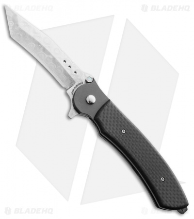 John Kubasek Fighting Tanto Recurve Flipper Knife Carbon Fiber (3.5" Damasteel)