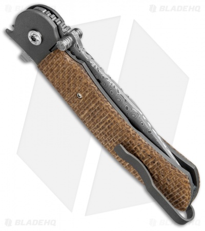 John Kubasek Custom Modified Tanto Flipper Knife Burlap Micarta (3.5" Damasteel)