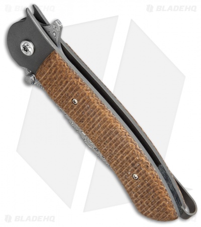 John Kubasek Custom Modified Tanto Flipper Knife Burlap Micarta (3.5" Damasteel)