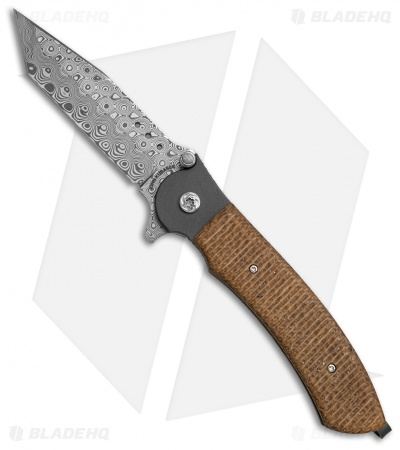 John Kubasek Custom Modified Tanto Flipper Knife Burlap Micarta (3.5" Damasteel)