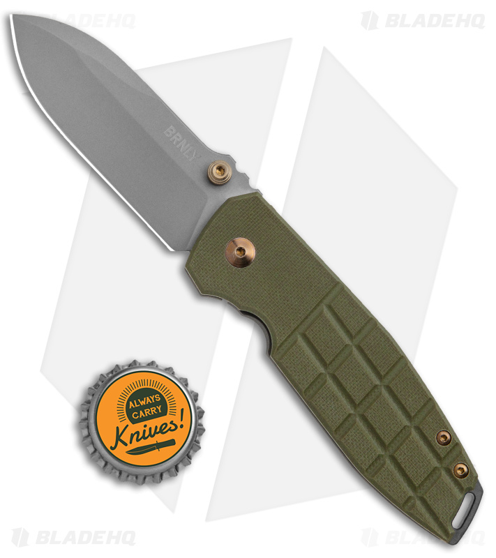 BRNLY SQD-2 Frame Lock Knife Grenade Milled OD Green G-10 (3" Bead Blast)