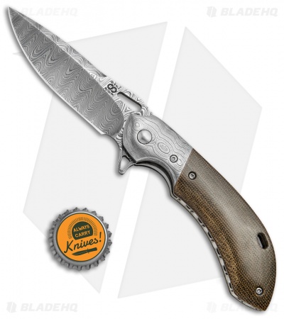 Olamic Cutlery Wayfarer Compact Flipper Knife Green Micarta/HCVD (3.5" Damascus)