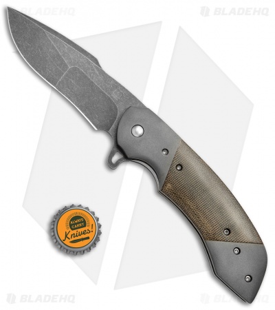 Olamic Cutlery Wayfarer Flipper Knife Micarta/Darkblast Ti (4" Acidwash) W1056