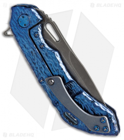 Olamic Wayfarer 247 Knife "Molten" Carved Blue Titanium (3.5" M390 Black SW)