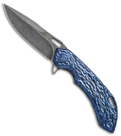 Olamic Wayfarer 247 Knife "Molten" Carved Blue Titanium (3.5" M390 Black SW)